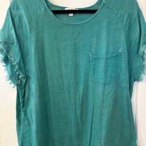 Umgee Turquoise Frayed Sleeve Top